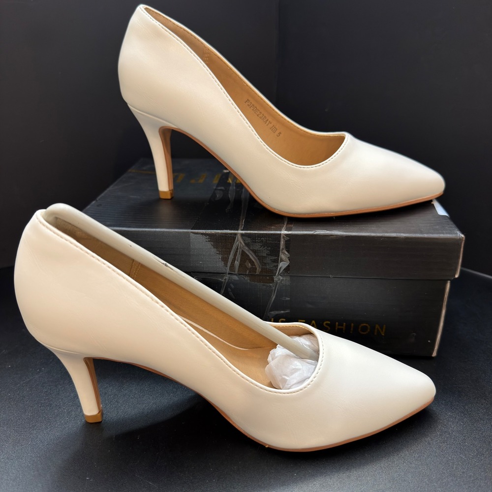 IDIFU Womens Pointed Toe Pumps Cream Stiletto Heels P3PDE23RAY HB 5 Size 5